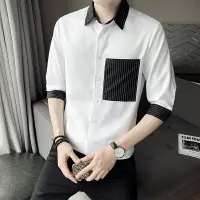 在飛比找樂天市場購物網優惠-FINDSENSE X 男生襯衫男 韓版修身拼料中袖襯衣