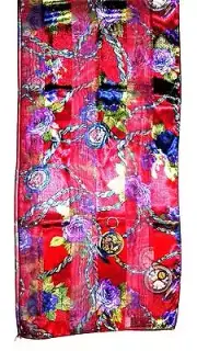 SCARF Red Background W/ Gold Olive Blue Purple White Floral FLOWERS & CLOCKS