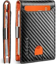 [RUNBOX] Slim Wallets for Men - Leather Money Clip Mens Wallet - RFID Blocking Front Pocket Bifold Wallet - Thin Credit Card Holder with Gift Box, Carbon Black&Orange, medium, Modern
