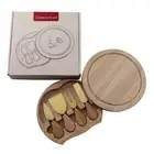 NNEDSZ Brown And Gold Compact Round Rubberwood Cheese Board Set | 4 Stainless St