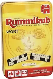 Original Rummikub Wort Kompakt in Metalldose: Wörter bilde, ablegen und gewinnen. 2-4 Spieler