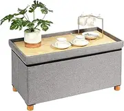 PINPLUS Folding Ottoman Coffee Table with Storage for Living Room,Footrest-Stool Large Linen Toy Chest with Tray,End of Bed Bench Grey (30"x 15"x 15.7")