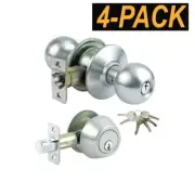 4PK Grade 3-Combo Lockset Entry knob+Deadbolt Keyed Alike Silver+24 Keys GR3ED03