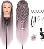 DANSEE Mannequin Head 28" Long Synthetic Fiber Hair Styling Training Head Manikin Cosmetology Doll Head Hair with DIY Braiding Set+ Free Table Clamp (Light pink)