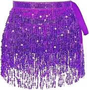 [WULIQIUQIU] Women's Belly Dance Hip Scarf Sequined Fringe Dance Skirt Rave Music Festival Costumes for Girls