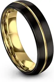 [Midnight Rose Collection] Tungsten Wedding Band Ring 6mm for Men Women Black & 18K Yellow Gold Plated Center Line Dome Brushed Polished