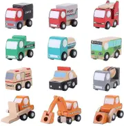 12 Pieces Wooden Vehicle Set Cartoon Toy Car Early Education Toy -t