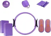 8Pcs Yoga Starter Sets Yoga Ball Magic Ring Pilates Circle Stretch Strap Yoga Blocks Non Slip Socks for Home Workout Fitness Kit,Purple