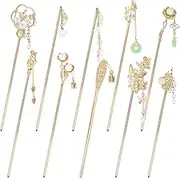 Cinaci 10 Pieces Decorative Vintage Retro Pearl Gold Metal Hair Sticks Pins with Pendants Chinese Hanfu Asian Flower Butterfly Hair Chopsticks Hair Bun Updo Holders Long Hairpins for Women Girls