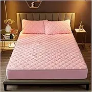 KUSQDT Thickened Soft Lambswool Quilted Mattress Cover Solid Color Fast Warm Mattress Fitted Sheet Mattress Protector 3-Piece Comforter Set Sheets(Pink,3pcs Set 180x200cm)