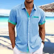 Men's Shirt Linen Shirt Summer Shirt Beach Wear Summer Hawaiian Shirt Button Up Shirt Solid Color Vacation Hawaiian White Blue Green Short Sleeve Collar Spring