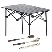 Adventure Kings Portable Aluminium Roll-Up Camping Table + BBQ Tool Set 3-Pack