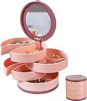 [SZHENGSHAN] 4-Layer Round Travel Jewelry Storage Box With Lid, Rotatable Organizer, Red
