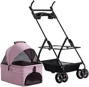 Foldable Travel Stroller Carrier with Cup Holder Tray, Pet Strollers for Small Dogs, Pet Stroller Lightweight Dog Pram Pushchair Puppy Cat Stroller with Adjustable Handle(Pink)