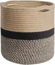AIMALL 11.8 Inch Yellow and Black Cotton Rope Basket Round Woven Storage Bin with Handles Foldable Large Dirty Laundry Basket Plant Pot Cover Home Décor Organizer