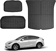 KIKIMO for Tesla Model Y Storage Mats and Cargo Liner Set, for Tesla Model Y 5-Seat Accessories 2020-2024 2025, All Weather TPE Trunk Mat, Heavy Duty Rear Cargo Trunk Liner Custom Fit(NOT fit Juniper)