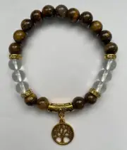 Tiger Eye + Clear Crystal w/ Tree of Life Charm Beads Bracelet 8 mm