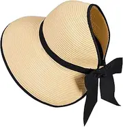 [NAHOSY] Straw Sun Visor Hats for Women, Ponytail Summer Beach Hat Roll Up Packable Floppy Wide Brim with UPF 50+ for Travel