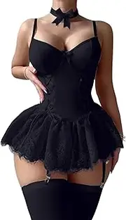 [VUUEAN] Women's Push-Up Underwire Corset Lingerie Set Lace-Up Tulle Skirt & Mesh Bodysuit Sexy