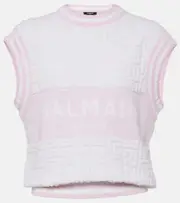 [Balmain] Balmain Monogram wool and cotton-blend knitted top UK 14 white