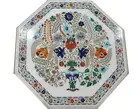 Dining Table Top Inlaid with Floral Design Octagon White Marble Kitchen Table