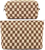 ZLFSRQ 2Pcs Checkered Makeup Bag for Women Large and Small Capacity Brown Cosmetic Bag Set Travel Makeup Pouch for Purse Zipper Toiletry Organizer Cute Y2K Aesthetic Girls Makeup Brushes Storage Bag