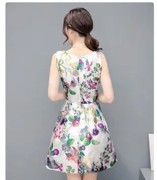 FINDSENSE G5 韓國時尚 新款 歐根紗 印花 圓領 無袖 連身裙 短裙
