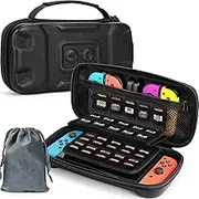 FYY Switch Case Compatible with Nintendo Switch and Switch OLED Case - Portable Hard Travel Switch Carrying Case with 35 Game Card Holders, Built-in Kickstand, Drawstring Pouch for Charger - Black
