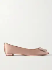 [Manolo Blahnik] Manolo Blahnik - Hangisi Crystal-embellished Satin Point-toe Flats - Sand - IT40.5 IT 40.5 Neutrals