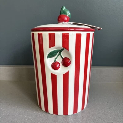 Cherry Jar Canister New Adorable Luna & Sage Red White Striped 8.5”