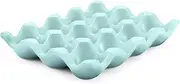 Flexzion Ceramic 12 Cups Egg Tray - Whole Dozen Porcelain Egg Holder Container Keeper Storage Organizer Decorative Serving Stand Serveware for Refrigerator Fridge Countertop Display Kitchen (Blue)