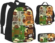 [ERCgad] Beer Print Canvas 3-In-1 School Bags Set Backpack Lunch Bag Pencil Case Combo For Men Women, Black, One Size