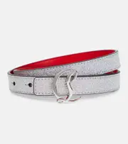 [Christian Louboutin] Christian Louboutin Glitter logo leather belt Inch 29.5 silver