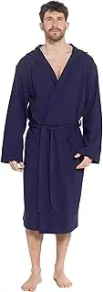 [Sock Stack] Men's Hooded Waffle Robe Dressing Gown Bathrobe for Men Super Absorbent Cotton Robes Spa Perfect for Home & Loungewear, Navy, Medium-Large