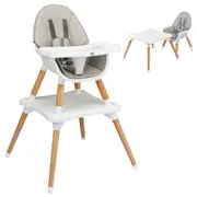 Costway 5-In-1 High Chair Convertible Eating Feeding Chair Booster Seat Wood Table Chair w/Adjustable Tray & PU Cushion Grey