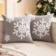 Pack of 2 Christmas Grey Throw Pillow Covers Decorative Snowflake Embroidery