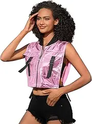 [Perfashion] Cropped Vest For Women Buckle Zip Up Metallic Cargo Cyberpunk Jacket With Pockets Streetwear Rave Outfit