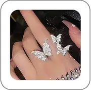 [Cimenexe] Bohemian Crystal Butterfly Rings Silver Cz Butterfly Finger Rings Large Butterfly Half Open Rings Sparkle Rhinestone Butterfly Knuckle Ring Jewelry for Women and Girls Gifts, Zinc, No
