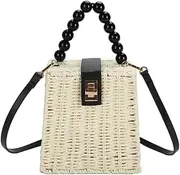 [ALINUOYQ] Hand-Woven Handbags Pearl Handheld Straw Messenger Bag Fashion Casual Handmade Simple Elegant Portable Adjustable Straps Summer Beach Bag