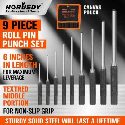 9Pcs Full Roll Pin Punch Set Repair Tool Canvas Pouch Non Slip Grip