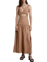 NEW Bec & Bridge Alamos Twist Midi Dress Tan 100% Linen Cutout Size 6 RRP$350
