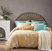 Windflower Bedding Bloomfield Floral Duvet Cover 3pc Set Cotton Botanical Nature Vines Branches Birds Butterflies Multicolored Flowers (Queen, Muted Mustard)