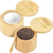 Bamboo Spice Cellar, 5 oz Seasoning Bowl With Swivel Lid, Sea Salt Keeper Holder, Kitchen Pepper Container for Table Salt, White and Black Pepper
