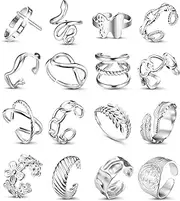 [Sanfenly] 16Pcs Stainless Steel Rings for Women Open Knuckle Stackable Rings Adjustable Aesthetic Silver Rings Snake Leaf Feather Butterfly Chunky Thumb Finger Rings Trendy Simple Statement Rings Non Tarnish Indie rings