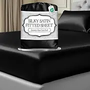DECOLURE Satin Fitted Sheet King Size (1 PC) – Luxuriously Smooth & Softer Than Silk Bed Sheets w/ 15 Inch Deep Pocket Hypoallergenic Wrinkle Free, Secure Snug Fit, Elastic Corner Straps (Black)
