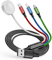 Travel 4 in 1 iWatch & iPhone Charger,Multi Charging Cable for Apple Watch Charger Wireless USB C Micro Nylon Compatible with iWatch Ultra/SE/10/9/8/7/6/5/4/3/iPhone 16/15/14/13 Galaxy Phone(4FT)
