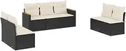 vidaxl Garden Sofa Set with Cushions - Modular 7-Piece Black Poly Rattan Patio Furniture for Gardens/Terrace - Removable Covers - Stable Frame
