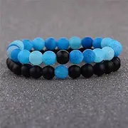 [IBOWZ] Crystal Bracelet Bead Bracelets Crystal Bracelet, 7 Chakra Natural Black Frosted Stones Beads Blue Crack Bangle Elastic Jewelry Yoga Bracelets Charm Diffuser Women Men Gift 2Pcs/Set