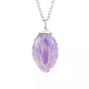 Natural Stone Tree of Life Oval Shaped Amethyst Pendant on 18in Chain