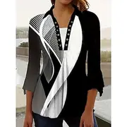 Women's Blouse Floral Graphic Daily Retro Vintage Casual 3/4 Length Sleeve Shirt Collar Regular Tops Daily Patchwork Print Black And White Black White Blue Sum